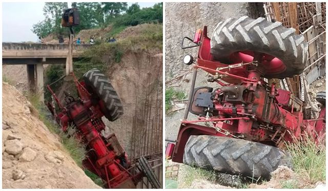 The tractor overturned in a 30-foot ditch? Fortunately, the driver survived!!