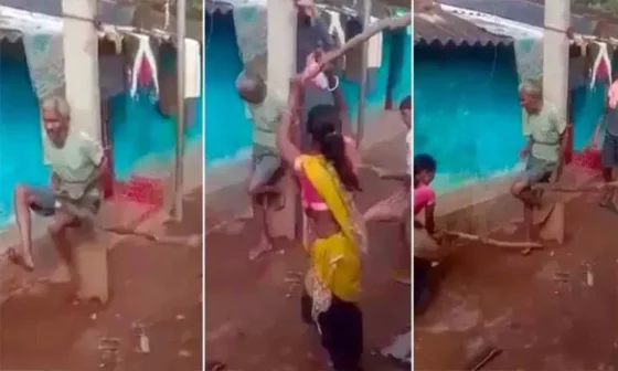 பெற்ற தந்தையை கம்பத்தில்  கட்டி வைத்து மகன் மற்றும் மருமகள் கொடூர வெறிச்செயல்!..