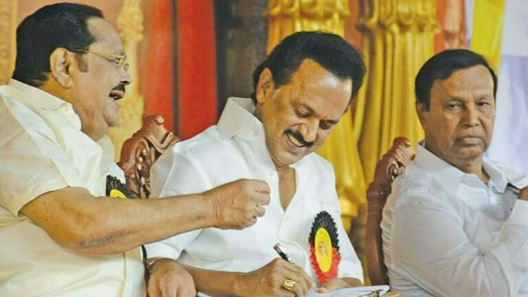 The DMK president who was elected for the second term uncontested! Are these the general secretary and treasurer?