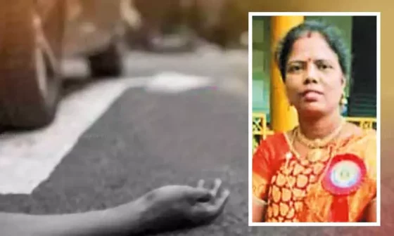 பள்ளிக்கு சென்ற தனியார் பள்ளி ஆசிரியர் மீது லாரி மோதல்!! கணவர் கண்முன்னே நேர்ந்த சோகம்!!