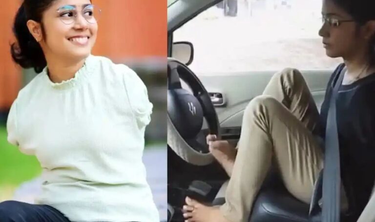 An amazing woman who drives a car without two hands..!