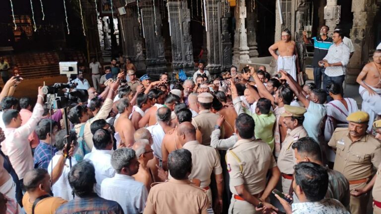 At Chidambaram Nataraja Temple, the Dikshitars are protesting not to let them maintain the flagpole.