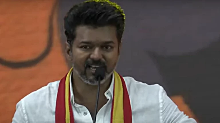T.V.K. leader Vijay denounces the police case against T.V.K. General Secretary Pussy Anand.